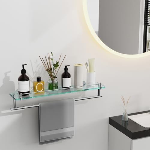 24-Inch Towel Rack with Shelves Tempered Glass Bathroom Shelves with Bar - Image 2
