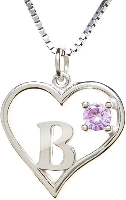 Silver Sterling Necklace Initial Letter A-Z Birthstone for Women – Personalized Custom Jewelry Pendant with Heart Design Customized Dainty Charm for Wife Girlfriend Mom – 18" Box Chain
