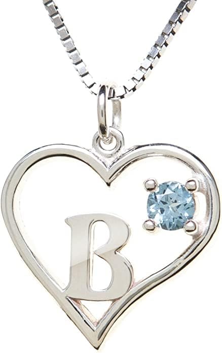 Silver Sterling Necklace Initial Letter A-Z Birthstone for Women – Personalized Custom Jewelry Pendant with Heart Design Customized Dainty Charm for Wife Girlfriend Mom – 18" Box Chain