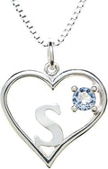 Silver Sterling Necklace Initial Letter A-Z Birthstone for Women – Personalized Custom Jewelry Pendant with Heart Design Customized Dainty Charm for Wife Girlfriend Mom – 18" Box Chain