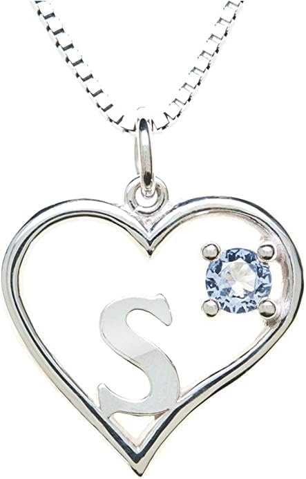 Silver Sterling Necklace Initial Letter A-Z Birthstone for Women – Personalized Custom Jewelry Pendant with Heart Design Customized Dainty Charm for Wife Girlfriend Mom – 18" Box Chain