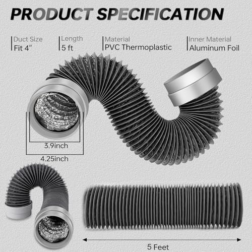MATEWORK 5FT Dryer Vent Hose 4 Inch, Heavy Duty Flexible Aluminum Duct - Image 2