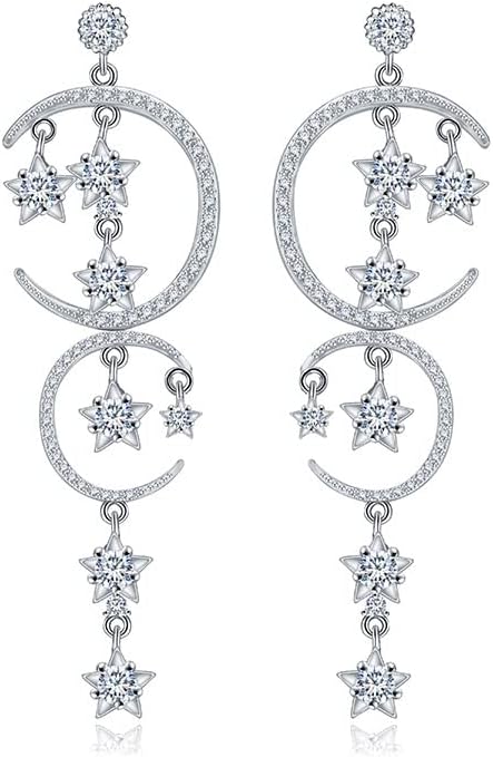14K Gold Moissanite Moon Star Long Drop Earrings,Dainty Moon and Star Style Long Dangle Earrings,Fashion Jewelry Gift for Her