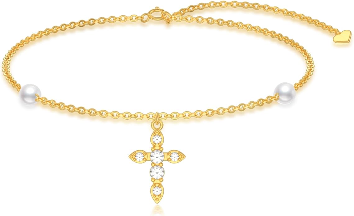 Solid 14K Gold Cross/Heart Anklet for Women, Real Gold Cross Bracelet Adjustable Beach Foot Ankle Bracelet Religious Fine Jewelry Gifts for Her Wife Mom Nana