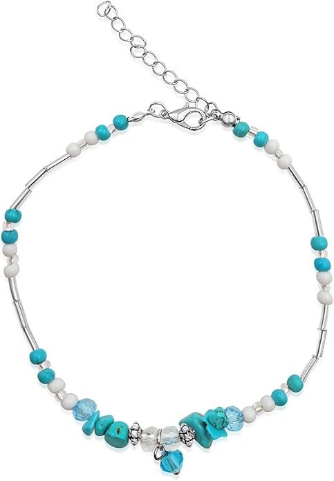BESHEEK Blue Turquoise and Glass Artisan Beaded Anklet with Extension | Adjustable Handmade Hypoallergenic Beach Tropical Style Jewelry