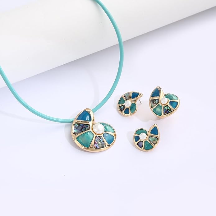 Chunky Statement Jewelry Set Blue Ocean Seashell Choker Necklaces Earrings Set for Women Pearl Bib Collar Necklaces for Party Prom Pageant Summer Fashion Jewelry Unique Birthday Gift