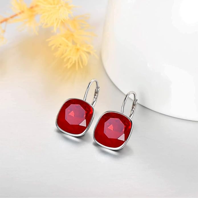 AOBOCO Sterling Silver Leverback Earrings Embellished with Crystals from Austria, Hypoallergenic Cushion Cut Square Crystal Earrings, Fine Anniversary Birthday Jewelry Gifts for Women