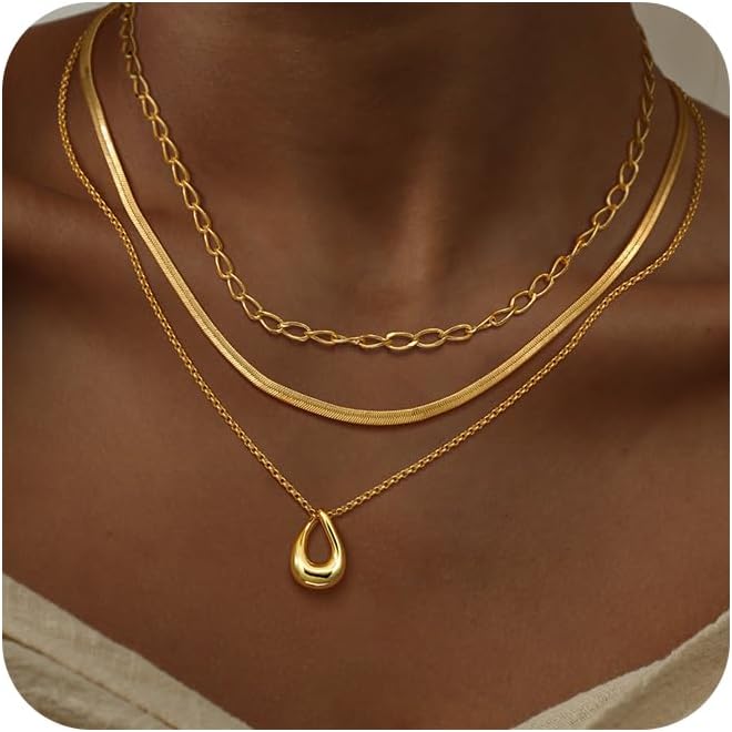 NECOCY Valentine's Day Gift 14k Gold/Silver Plated Layered Gold Necklaces for Women, 3Pcs Dainty Herringbone Choker Set, Trendy Stack Simple Chain Layering Pendant Jewelry