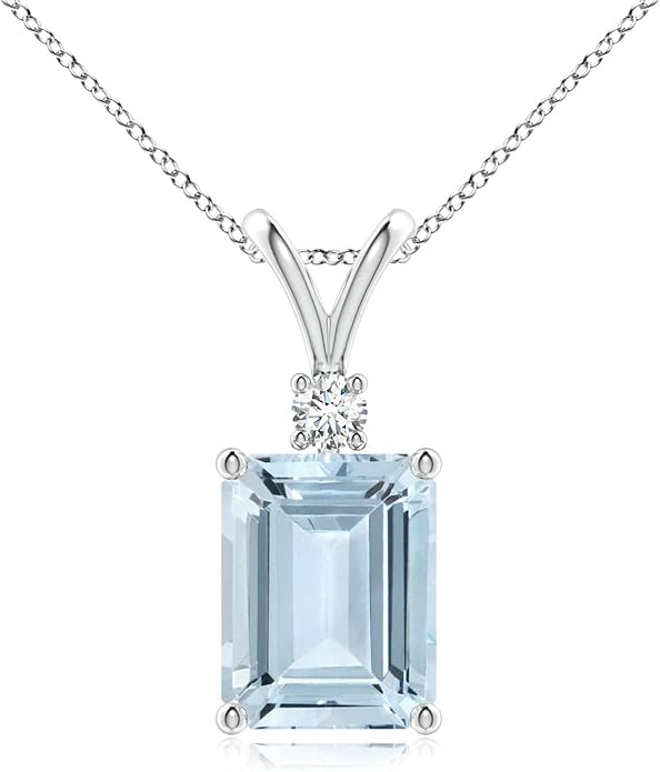 Angara Natural Aquamarine Solitaire Pendant for Women | Emerald-Cut Aquamarine Pendant with Diamond in 14K Solid Gold/Silver/Platinum With 18" Chain | March Birthday, Gemstone Jewelry Gift