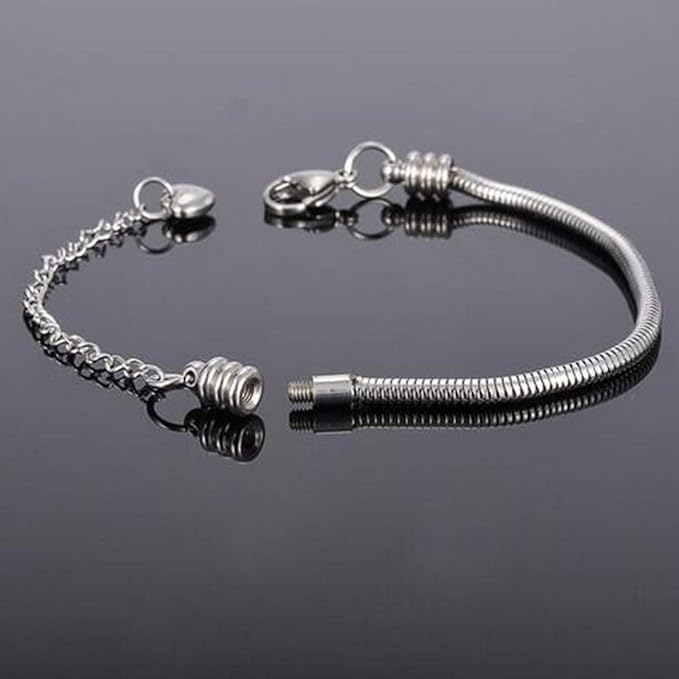 TGLS Women European Charm Bracelet Stainless Steel 3mm Snake Chain Bracelet Fits Standard Charms Bead 9"+2.35" Chain