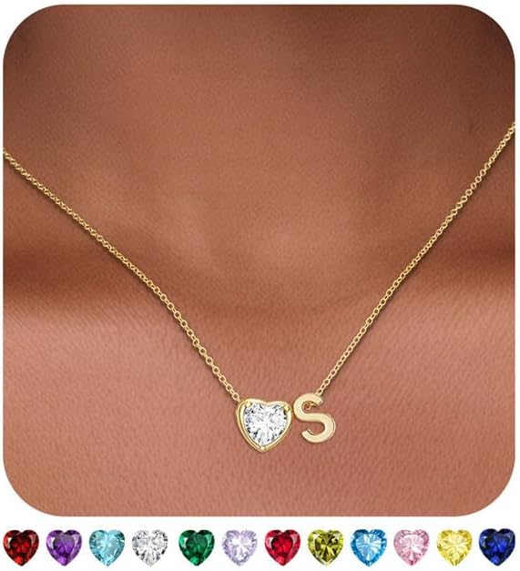 Valentines Day Gifts for Her- Heart Birthstone Initial Necklace for Women Girls,14K Gold Plated Heart Letter A-Z Necklace Birthday Trendy Jewelry Gifts for Women Girls Daughter