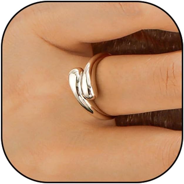Chunky Rings For Women, Gold Silver Thumb Ring Asymmetrical Wavy Curve Ring Adjustable Non Tarnish Dainty Stainless Steel New Year Anniversary Birthday Jewelry Gift