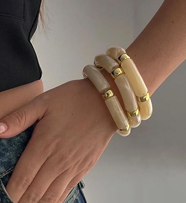 iF YOU 6pcs Chunky Acrylic Bangle Bracelets for Women, Resin Bamboo Brown Stretchy Bracelet Stack, Fashion Jewelry for Women