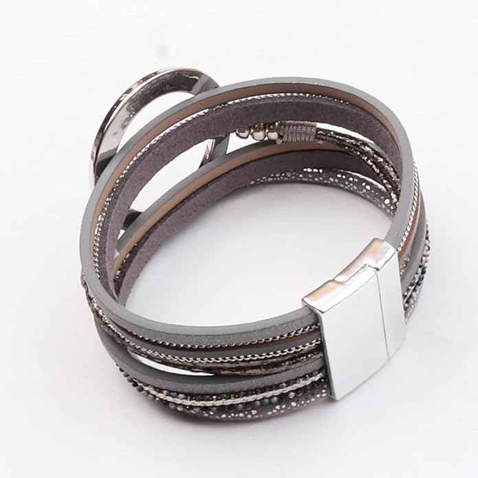 KSQS Tree of Life Leather Multi-Layer Wraps Bracelet,Boho Wide Buckle Wristband Bangle,Braided Cuff Bracelets for Women