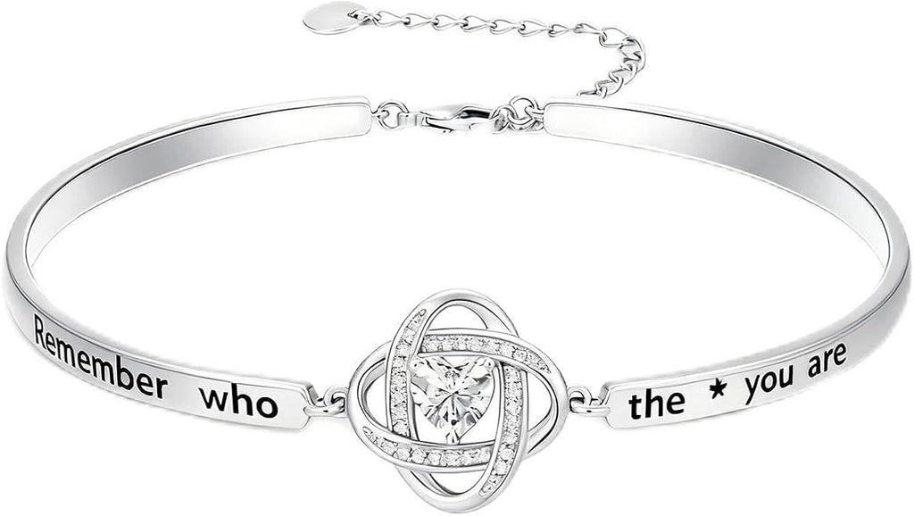 Valentines Day Gifts for Her, 18k White Gold Plated Love Knot Bracelets, Engraved Inspirational and Sentiment Bangle, Anniversary Birthday Jewelry Gift for Lover Wife Girlfriend Sister Friends