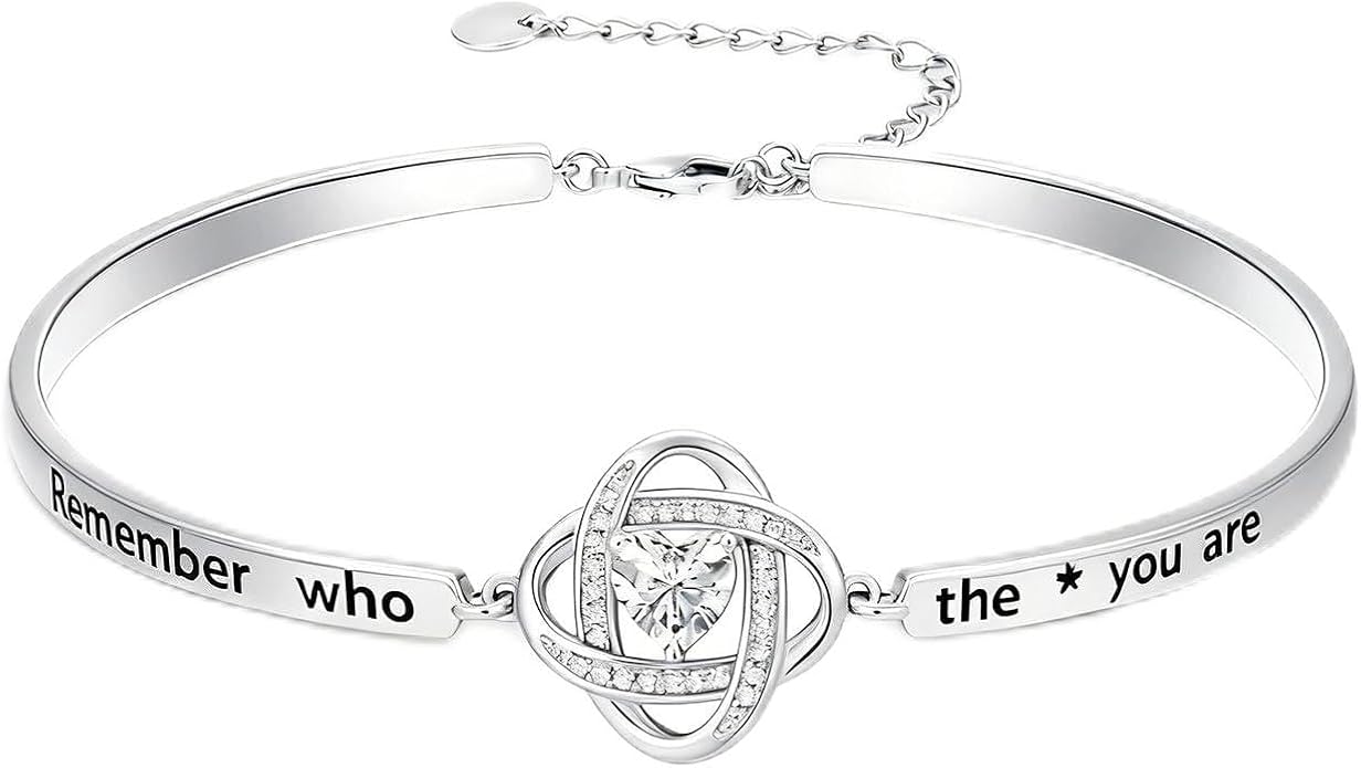Valentines Day Gifts for Her, 18k White Gold Plated Love Knot Bracelets, Engraved Inspirational and Sentiment Bangle, Anniversary Birthday Jewelry Gift for Lover Wife Girlfriend Sister Friends