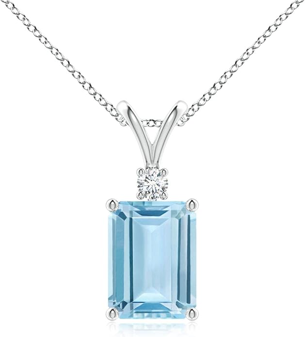 Angara Natural Aquamarine Solitaire Pendant for Women | Emerald-Cut Aquamarine Pendant with Diamond in 14K Solid Gold/Silver/Platinum With 18" Chain | March Birthday, Gemstone Jewelry Gift