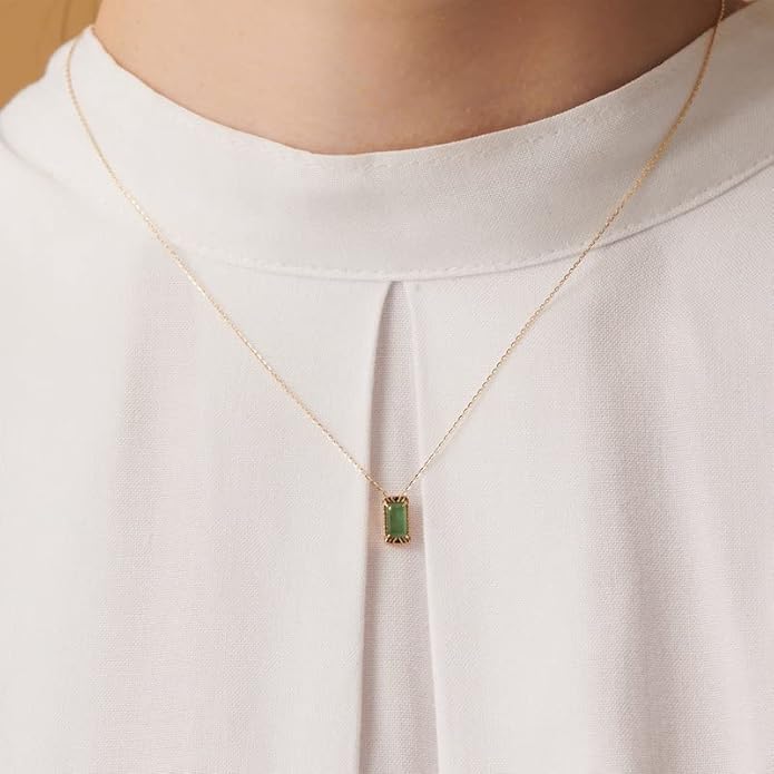 14K Gold Geometric Teardrop Moss Agate Pendant, Vintage Style Collarbone Necklace, Artisan-Crafted Fine Jewelry for Everyday Wear