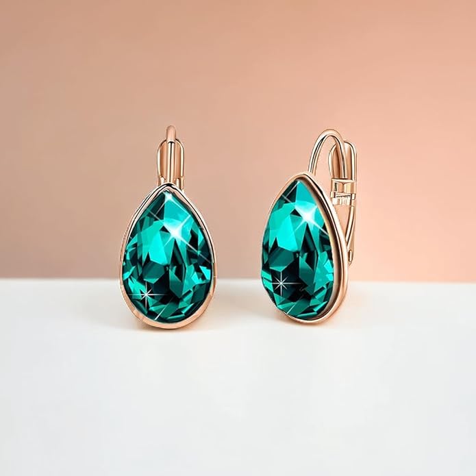 Teardrop Austrian Crystal Leverback Drop Earrings for Women 14K Rose Gold Plated Hypoallergenic Jewelry
