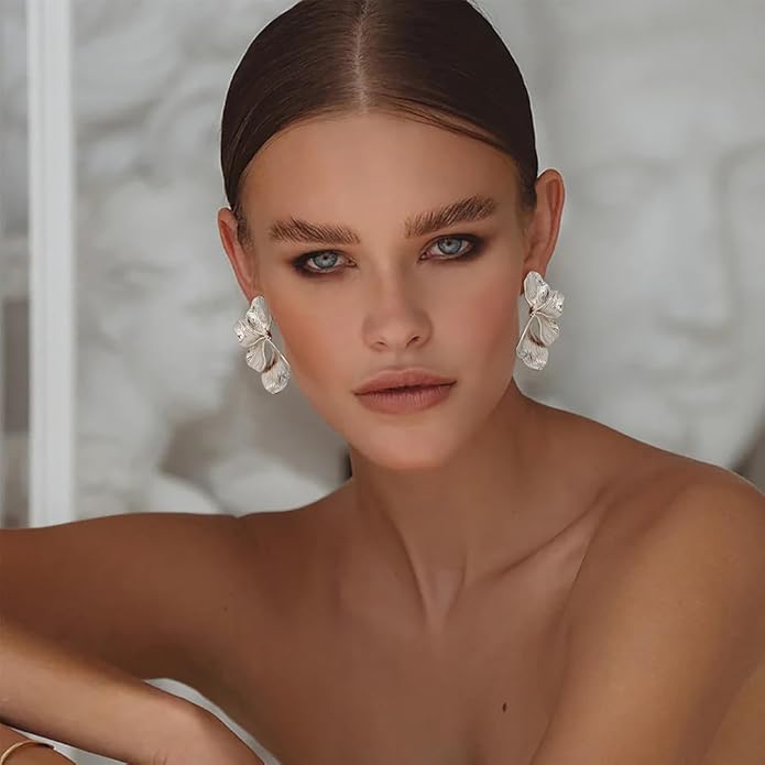 Chunky Gold Statement Earrings For Women Gold Plated Sectored Flower Leaf Shell Angel Wing Earrings Trendy Boho Jewelry For Women Large Stud Earrings Hypoallergenic Earrings