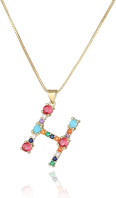 Eben-Ezer 18K Gold Box Chain Choker Initial Necklace Multi-Color Zircon Letter Pendant Script Name Custom Necklace for Women Gift Alphabet 26 A-Z