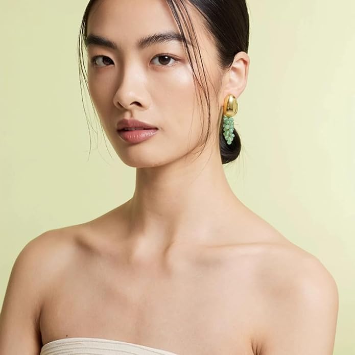 DISTANT DRUMS Simple Natural Green Aventurine Stone Jewelry Set for Women,Hoop Earrings,Bracelet,Necklace,18K Gold-plated Spiritual Gift,Fortunate Stone Jewelry,Choker