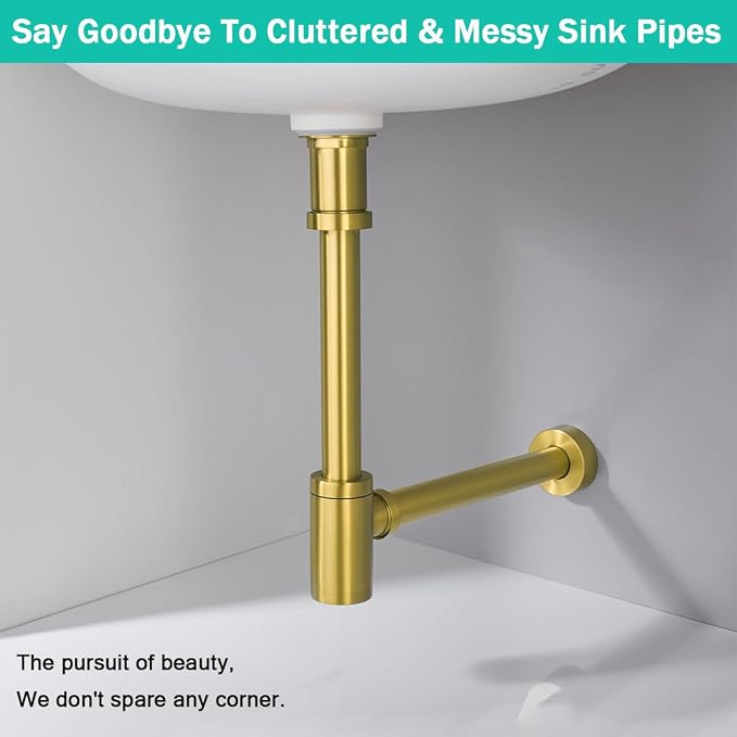 Brass Round Bottle P-Trap with Pop Up Drain Stopper with Overflow, 1 1/4 - Image 3
