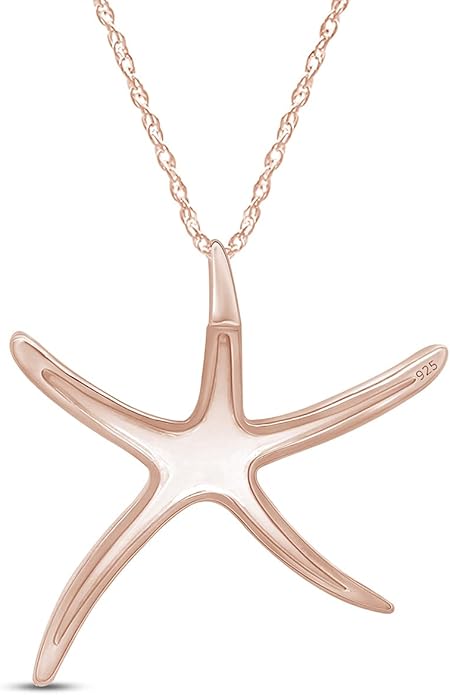 Starfish Charm Pendant Necklace for Women 14K Gold Plated 925 Sterling Silver Ocean Beach Jewelry with 18 Inch Rope Chain Summer Gift