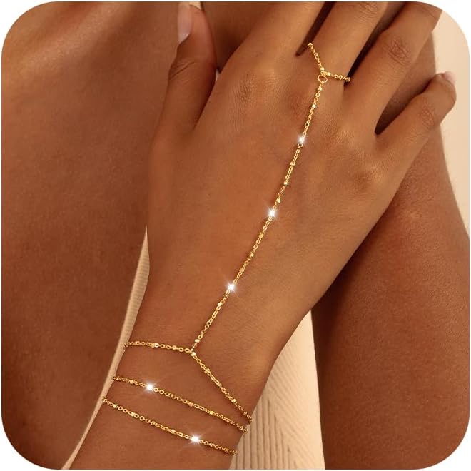 CHESKY 14K Gold Plated Hand Chain Bracelets for Women Set - Dainty Finger Ring Bracelet Stack Adjustable Hand Chains Durable Beaded Bracelets Trendy Simple Body Jewelry Gift for Women
