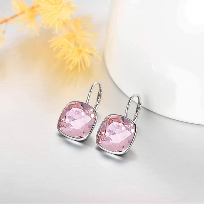 AOBOCO Sterling Silver Leverback Earrings Embellished with Crystals from Austria, Hypoallergenic Cushion Cut Square Crystal Earrings, Fine Anniversary Birthday Jewelry Gifts for Women