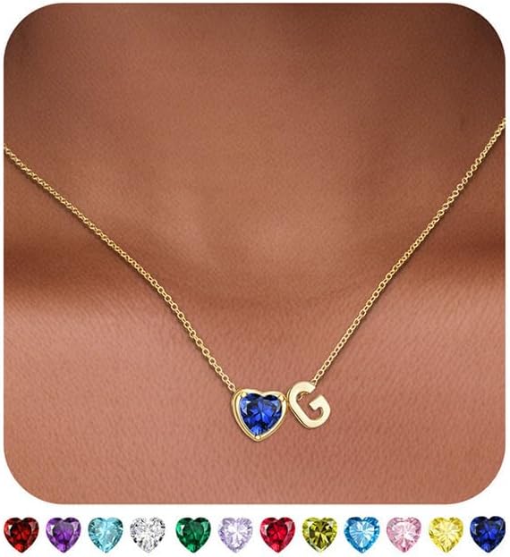Valentines Day Gifts for Her- Heart Birthstone Initial Necklace for Women Girls,14K Gold Plated Heart Letter A-Z Necklace Birthday Trendy Jewelry Gifts for Women Girls Daughter