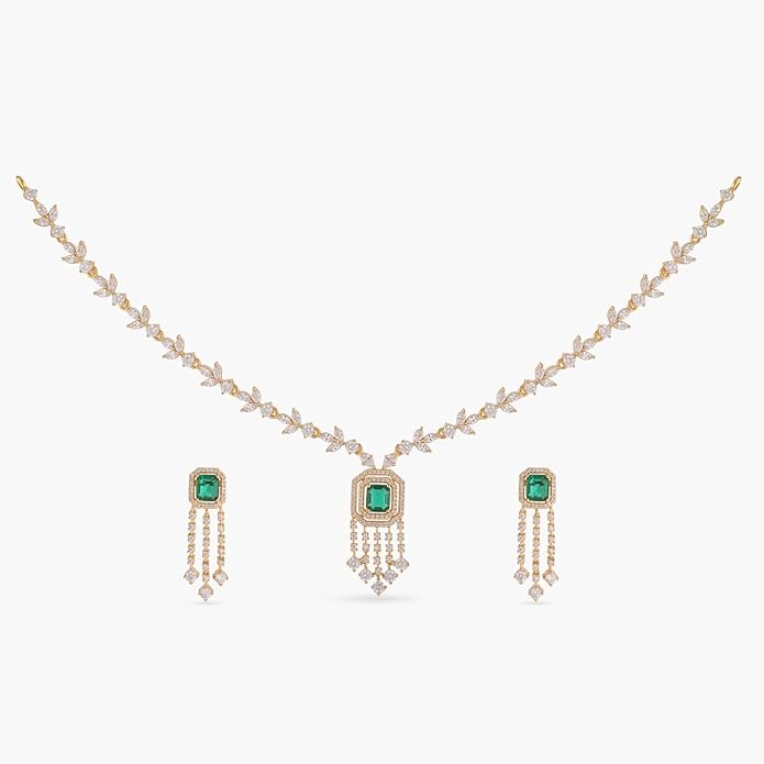 TARINIKA Green and White Cubic Zirconia(CZ) Indian Necklace Set with Earrings, Gold Plated Brass Fashion Indian Jewelry Gift for Women Bollywood Costume Jewellery