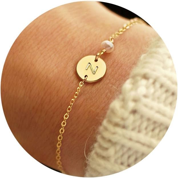Turandoss Gold Initial Bracelets for Women - Personalized Gold Bracelets for Women Teen Girls Initial Pearl Bracelets for Girls Gifts Disc Monogram Bracelets Gold Jewelry for Women Teen Girl Gifts