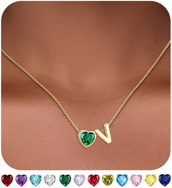 Valentines Day Gifts for Her- Heart Birthstone Initial Necklace for Women Girls,14K Gold Plated Heart Letter A-Z Necklace Birthday Trendy Jewelry Gifts for Women Girls Daughter