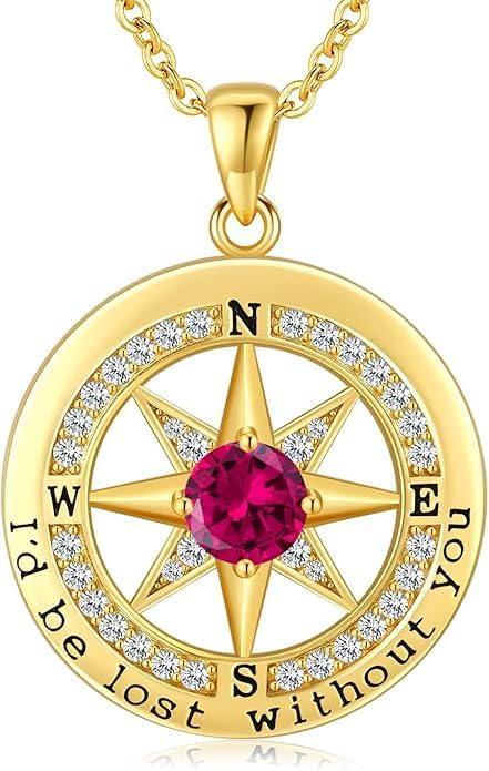 Compass Necklace for Women Wife Girlfriend Mom Daughter Gifts S925 Sterling Silver Jewelry For Anniversary Rose Gold Gifts For Birthday Christmas Mothers Valentines Day 12 Birthstones