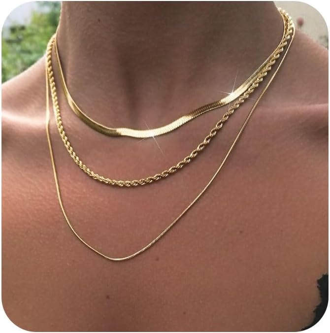 3PCS Gold Necklaces for Women,Chunky Statement Gold Plated Necklace Stack Layered Sterling Silver Herringbone Chains for Women Dainty Trendy Silver Chains Stacked Jewelry Gifts