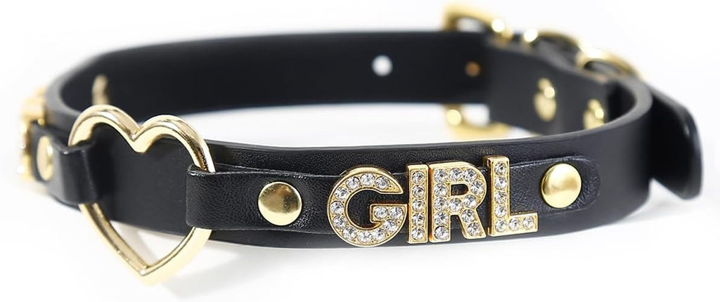 Succuba Handmade Heart Ring Rhinestone Letter Pu Leather Choker Collar Necklace for Women and Men