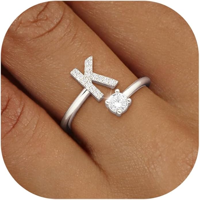 Valentines Day Gifts Gold Silver Initial Rings for Women Non Tarnish Dainty 14k Gold Plated Stackable Rings for Women Trendy Adjustable Letter Cubic Zirconia Pinky Ring Cute Open Birthday Gift Jewelry