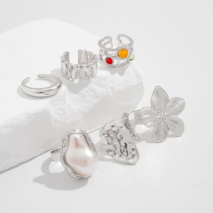 CJIAYUJEW Chunky Gold Flower Rings Pearl Stacking Statement Rings for Women Silver Chunky Knuckle Ring Set Adjustable Pearl Finger Ring Sets