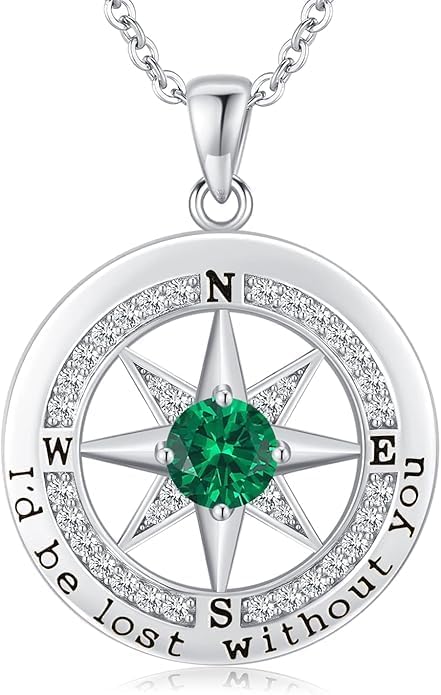 Compass Necklace for Women Wife Girlfriend Mom Daughter Gifts S925 Sterling Silver Jewelry For Anniversary Rose Gold Gifts For Birthday Christmas Mothers Valentines Day 12 Birthstones
