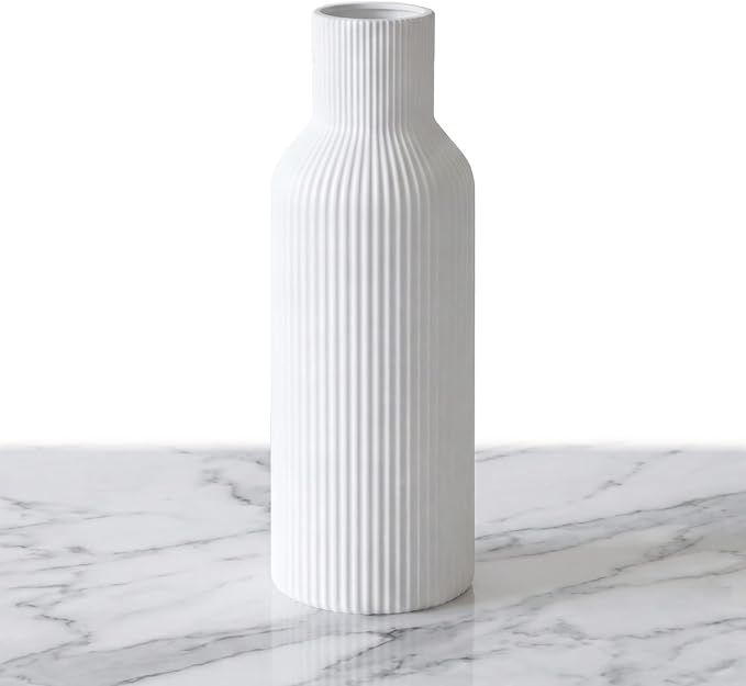 Large White Tall Ceramic Vase, Modern Matte Vertical Ribbed, Nordic Minimalist by TrendEcoHome