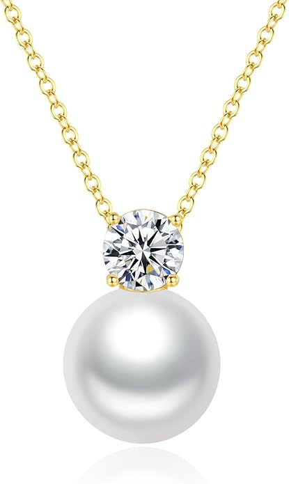 SUNFEEL 925 Sterling Silver Pearl Necklaces for women 14K Gold Plated 5A CZ 10MM/12MM Single Pearl Pendant Necklace Gifts for Her Mom Wife Girlfriend Engagement Wedding Birdal Christmas Trendy Jewelry
