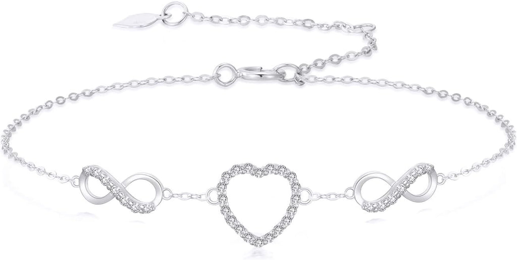 SISGEM 14k White Gold Created Moissanite Infinity Heart Anklet, Ankle Bracelets for Women, 9.4-11 Inch