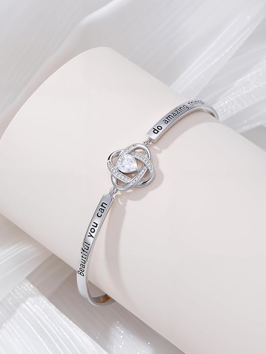 Valentines Day Gifts for Her, 18k White Gold Plated Love Knot Bracelets, Engraved Inspirational and Sentiment Bangle, Anniversary Birthday Jewelry Gift for Lover Wife Girlfriend Sister Friends