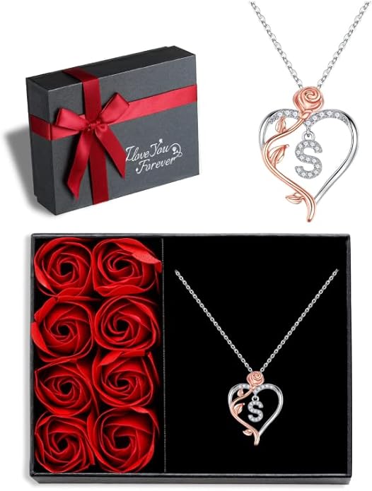 Iefil Valentines Day Gifts for Her - 925 Sterling Silver Rose Heart Initial Necklace, Anniversary Birthday Gifts for Women, Jewelry Gift for Her Wife Girlfriend