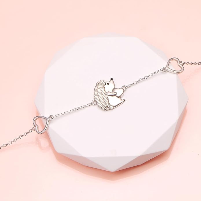 FLYOW 925 Sterling Silver Cute Animal Heart CZ Hedgehog Pendant Necklace and Stud Earrings Bracelet Set for Women Birthday Jewelry