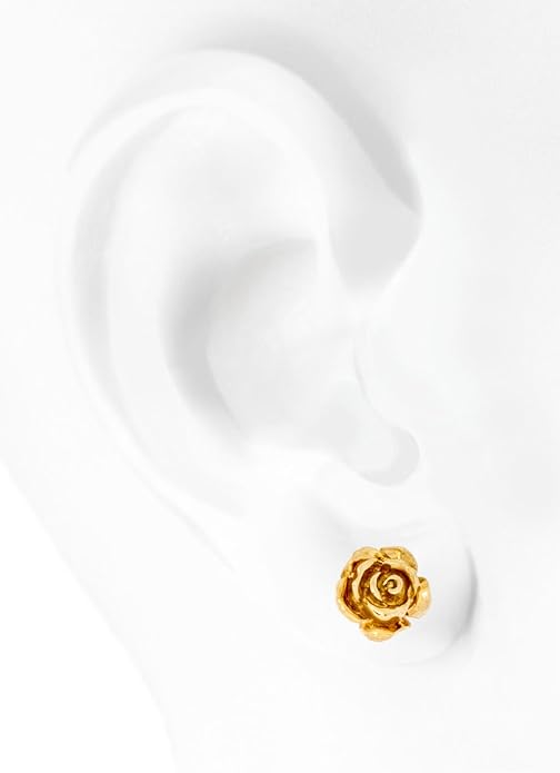 Solid 14K Yellow Gold Rose Flower Stud Earrings Handcrafted style 3/8 inch with Post and Friction Back | 2.0g