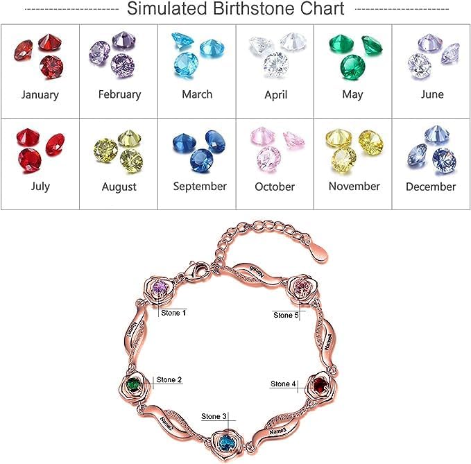 Personalized Simulated Birthstone Bracelets Adjustable Rose Flower Chain Charm Bracelet with 1-5 Name Initial Engraved for Women Mom Christmas Gifts