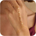 Valentine Gift 14K Gold Plated Hand Chain Bracelet for Women Trendy, 2 Pcs Stackable Gold/Silver Finger Ring Bracelet Hand Chain Dainty Non Tarnish Waterproof Set Jewelry Adjustable 7'+2