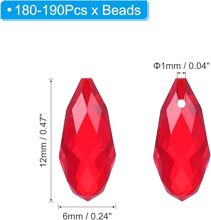 PATIKIL 2 Strands 180-190Pcs Teardrop Crystal Beads, 12x6mm Faceted Teardrop Briolette Horizontal Glass Beads Loose Bead for Bracelet Jewelry Making, Red